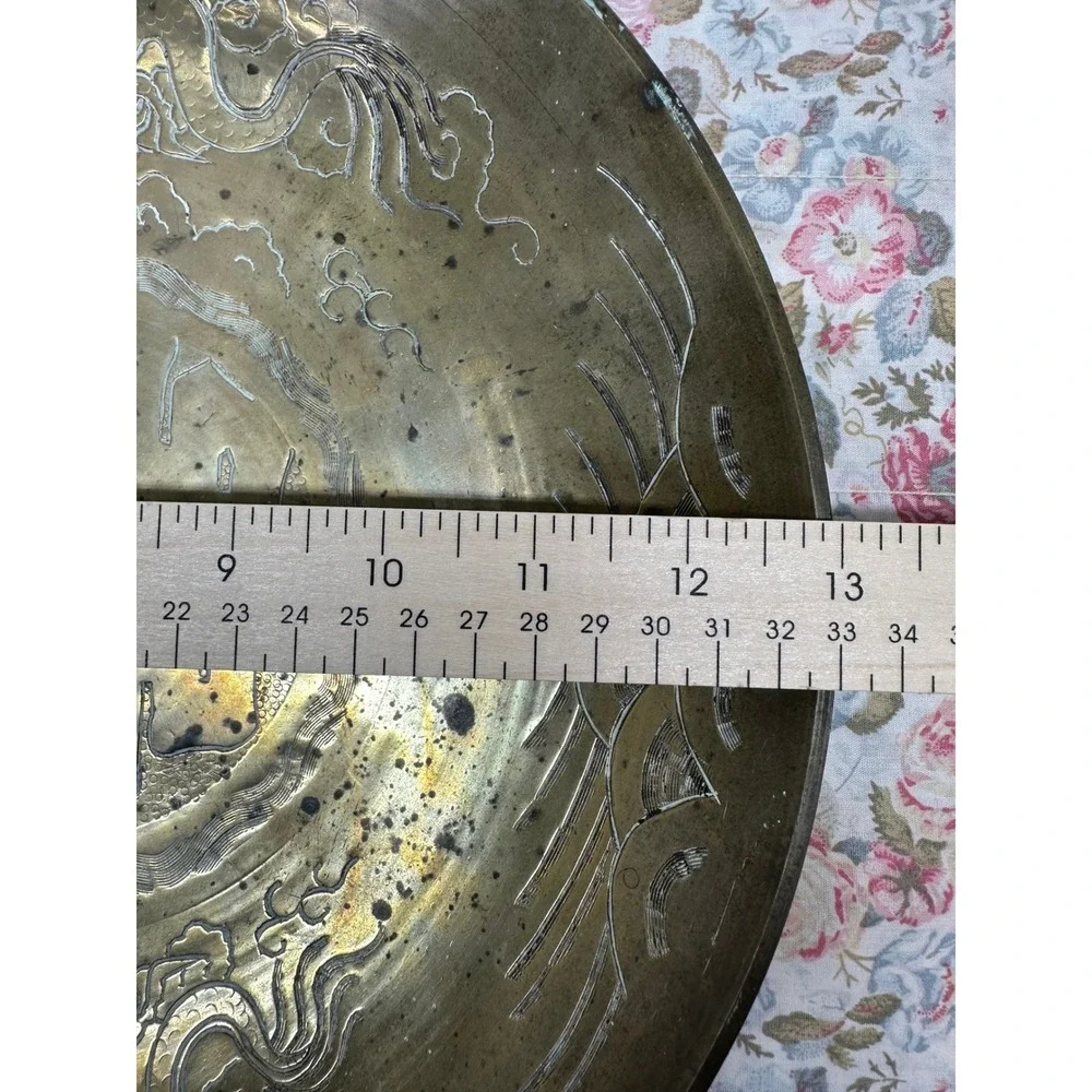 Vintage Chinese Brass Dragon Bowl Double Happiness Etched 13 Inch Round